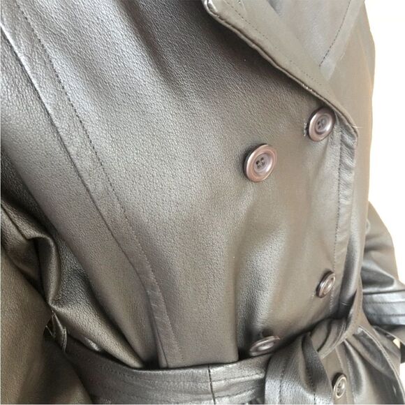 Y2K Long Leather Black Belted Jacket Rare Hoodie Trench Coat M - Picture 14 of 15